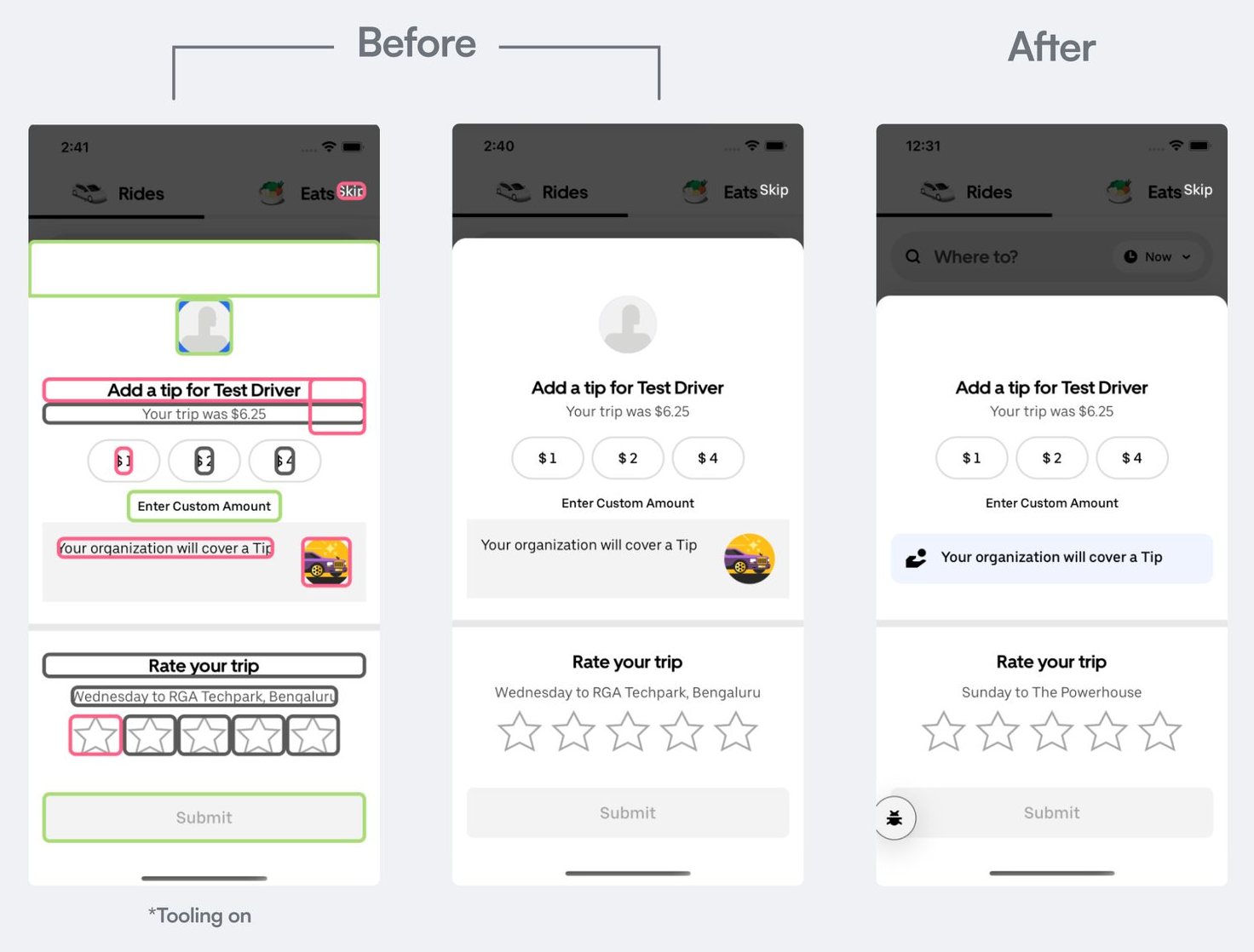 A tipping and rating screen before and after moving onto Base